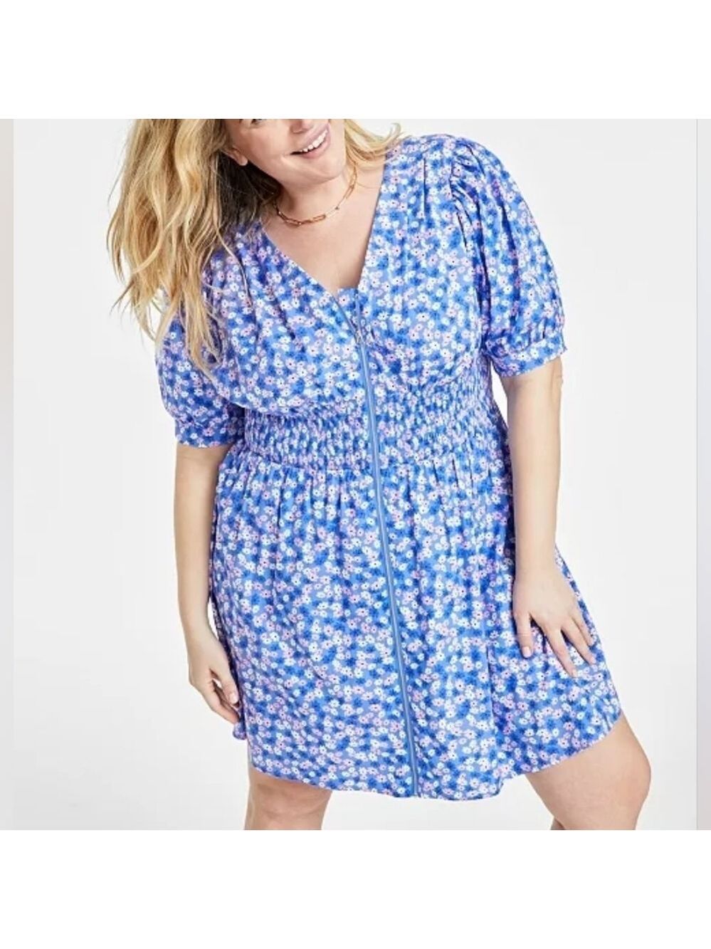 4X • On 34th • Printed Cotton Zip-Front Ditsy Floral Puff Sleeve Dress